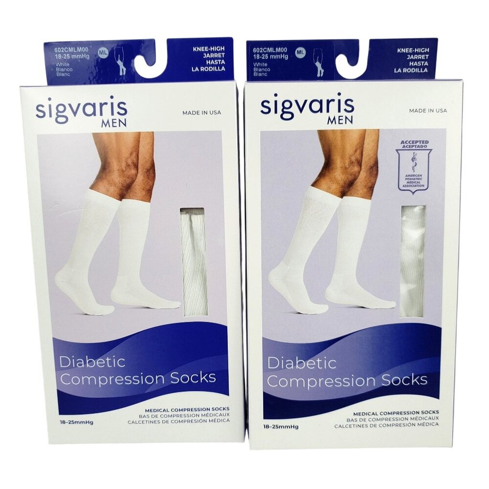 NEW Sigvaris 2 Pairs White Knee High Men Diabetic Compression Socks 18-25mmHg ML